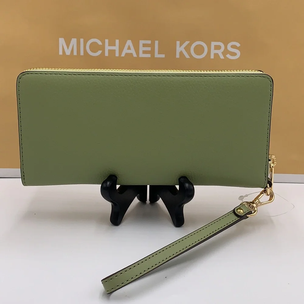 MICHAEL KORS Leather Continental Wristlet Phone Case Wallet Light Sage NWT